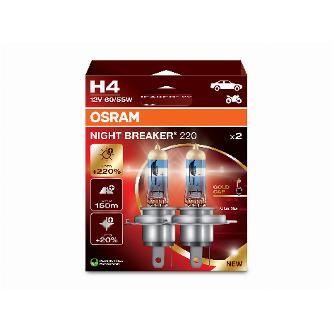 OSRAM LEMPUTĖS H4 60/55W 12V +220% P43T OSRAM LEMPUTĖS H4 60/55W 12V +220% P43T